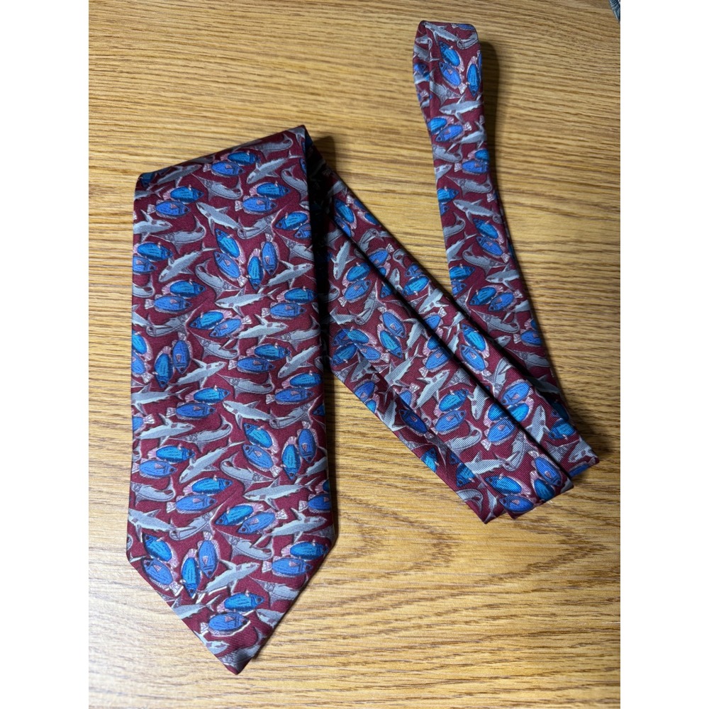 Frederick Theak Mens Silk Tie Made in England Burgundy Blue Shark Fish Nautical